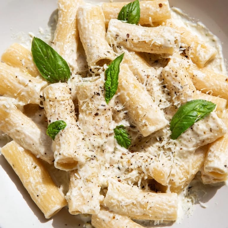 Warm, creamy Cottage Cheese Pasta with a swirl of fresh basil, a quick and satisfying weeknight dinner.