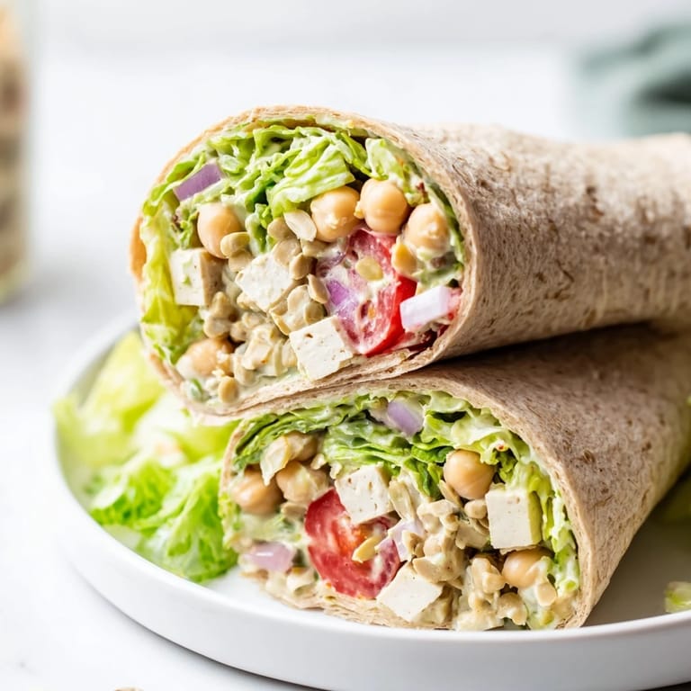 A fresh High-Protein Chicken-less Caesar Wrap, ready to eat, bursting with colorful vegetables and plant-based protein.