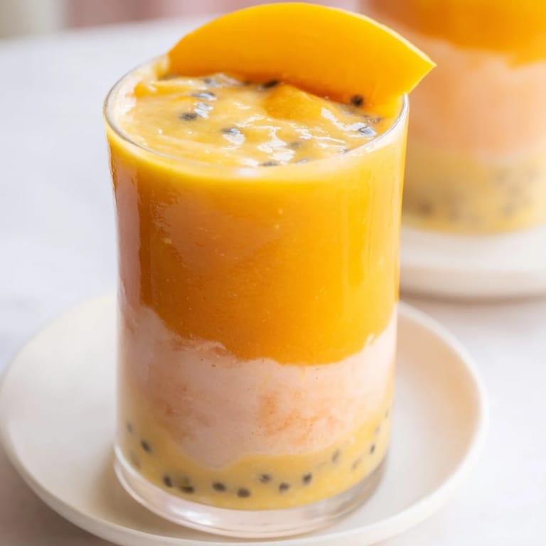 A creamy, layered Tropical Sunset Smoothie, perfect for summer mornings with beautiful ombré hues.