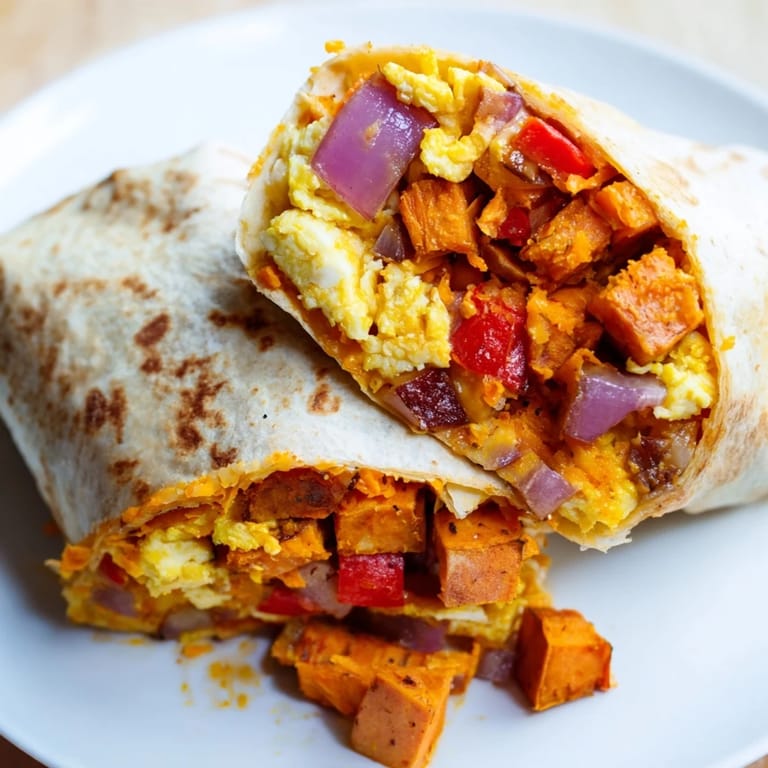 Freshly assembled sweet potato breakfast burritos, featuring fluffy scrambled eggs and melted cheese, look delicious.