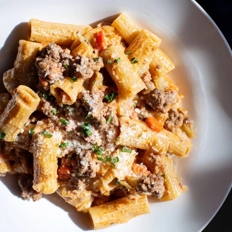 Steaming-hot Chaos Cooking Kimchi Ragu Pasta, topped with fresh green scallions for a flavor burst.