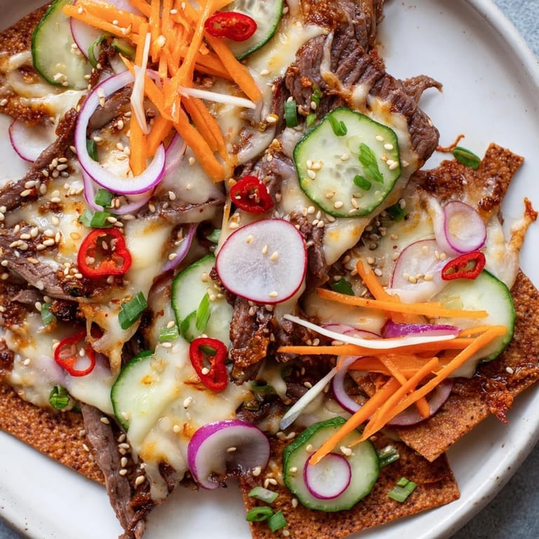 A close-up of a sizzling plate of Korean BBQ Nachos; gochujang-marinated beef and melted cheese.