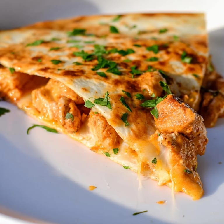 A close-up of a sizzling Butter Chicken Quesadilla, showing the savory chicken inside a tortilla.