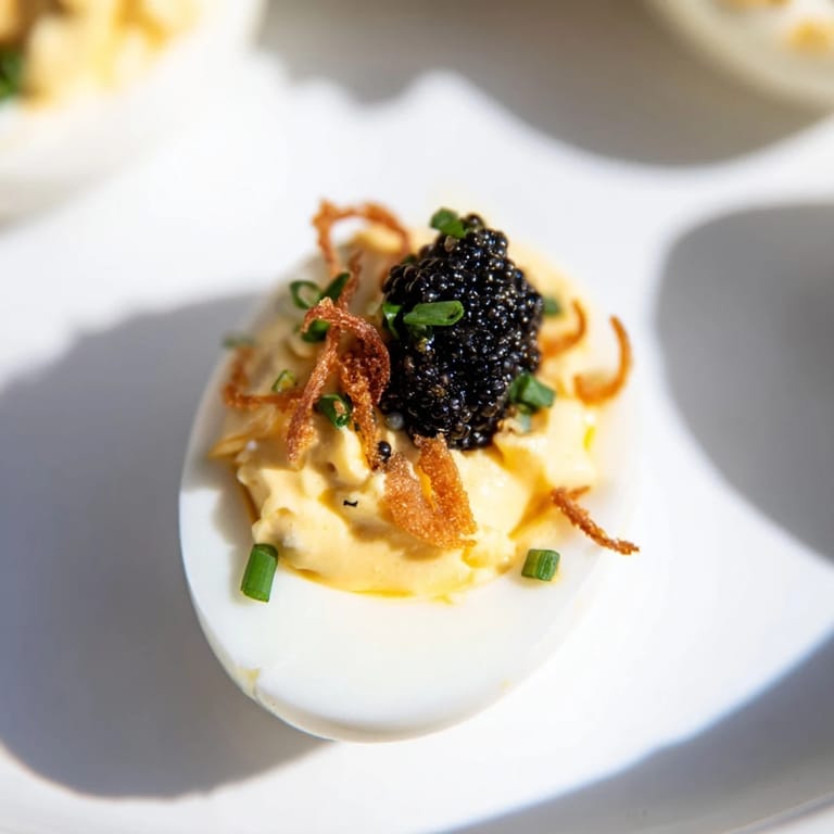Deviled eggs: a refined appetizer featuring rich egg yolk filling, caviar, and those perfectly crispy shallots.