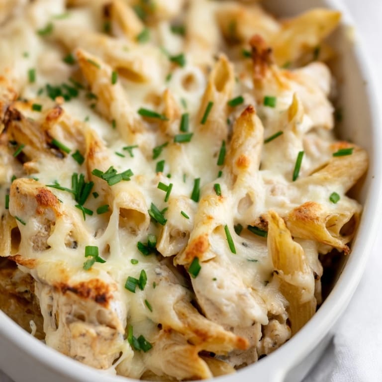 Serving suggestion for Chicken Ranch Pasta Bake: a hearty scoop with a side salad for a comforting family dinner.