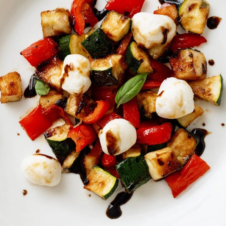 This Roasted Veggie Caprese Salad features caramelized cherry tomatoes and red onion, topped with fresh torn basil and a glossy balsamic drizzle for serving.