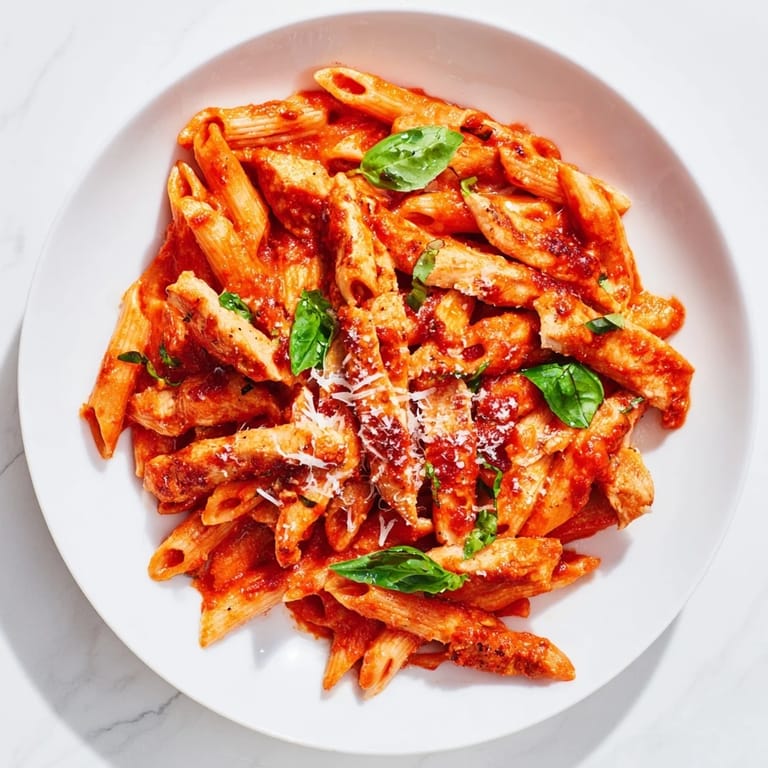 A close-up of spicy tomato chicken pasta with Parmesan cheese and basil, served family-style for a flavorful dinner.