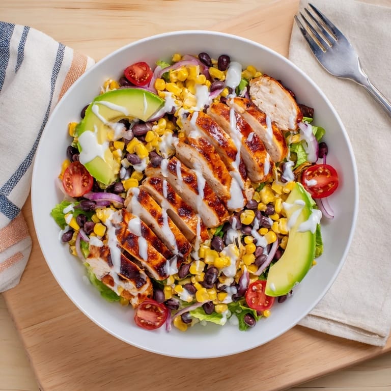 Savory BBQ Chicken Salad features smoky grilled chicken, charred corn, and fresh avocado on crunchy romaine for a hearty main dish.