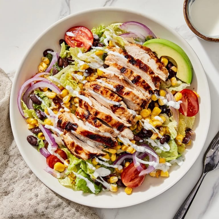 Ready to serve, BBQ Chicken Salad with BBQ chicken, black beans, and ranch on romaine, ideal for summer dinners and potlucks.