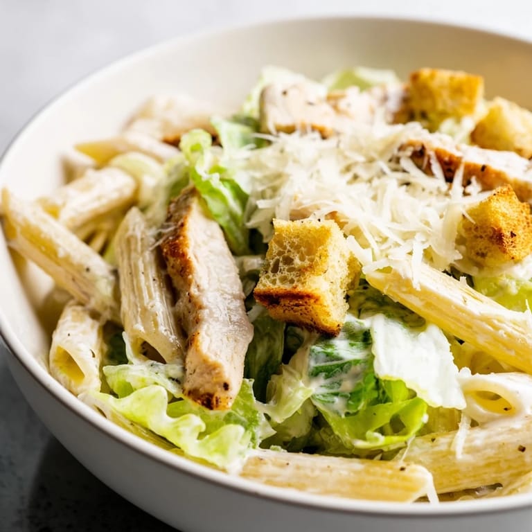 Chilled Caesar Pasta Chicken Bowl tossed in creamy dressing, perfect for a refreshing lunch with extra black pepper.