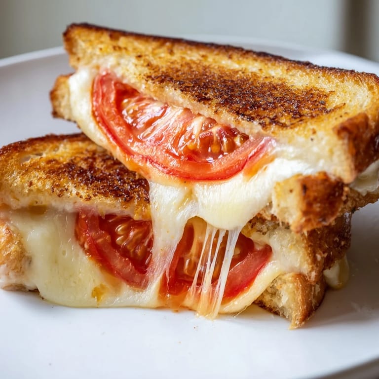 This open-faced Pepper Jack & Tomato Grilled Cheese reveals layers of spicy cheese and fresh tomato, ready to be served with tomato soup.