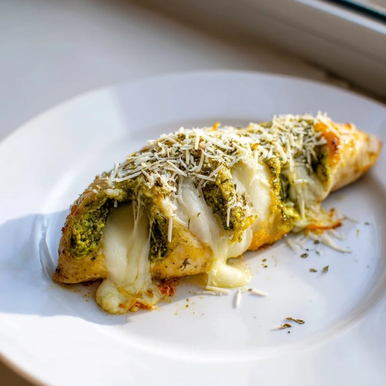 Juicy Mozzarella & Pesto Stuffed Chicken sliced open to reveal melted mozzarella and vibrant green basil pesto filling.