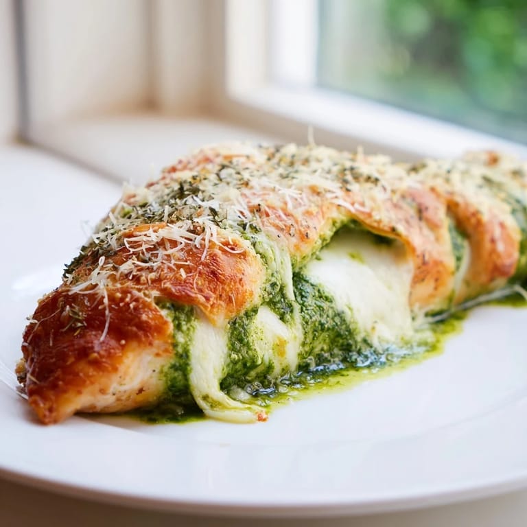 Plated Mozzarella & Pesto Stuffed Chicken served with roasted vegetables and a glass of white wine for dinner.