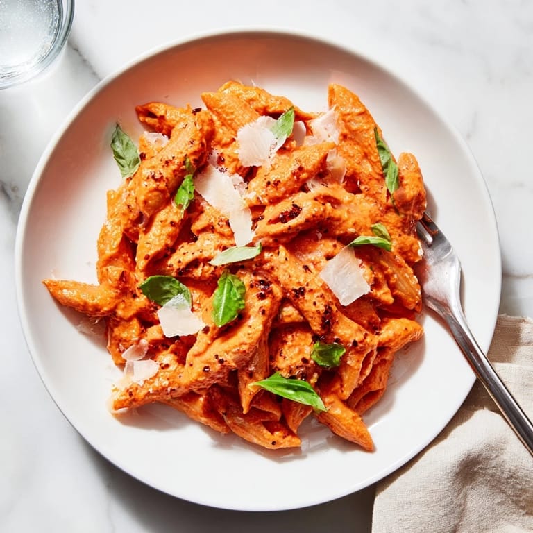 Close-up of Creamy Roasted Red Pepper Pasta, showcasing al dente penne coated in a velvety, roasted red pepper sauce for a weeknight dinner.
