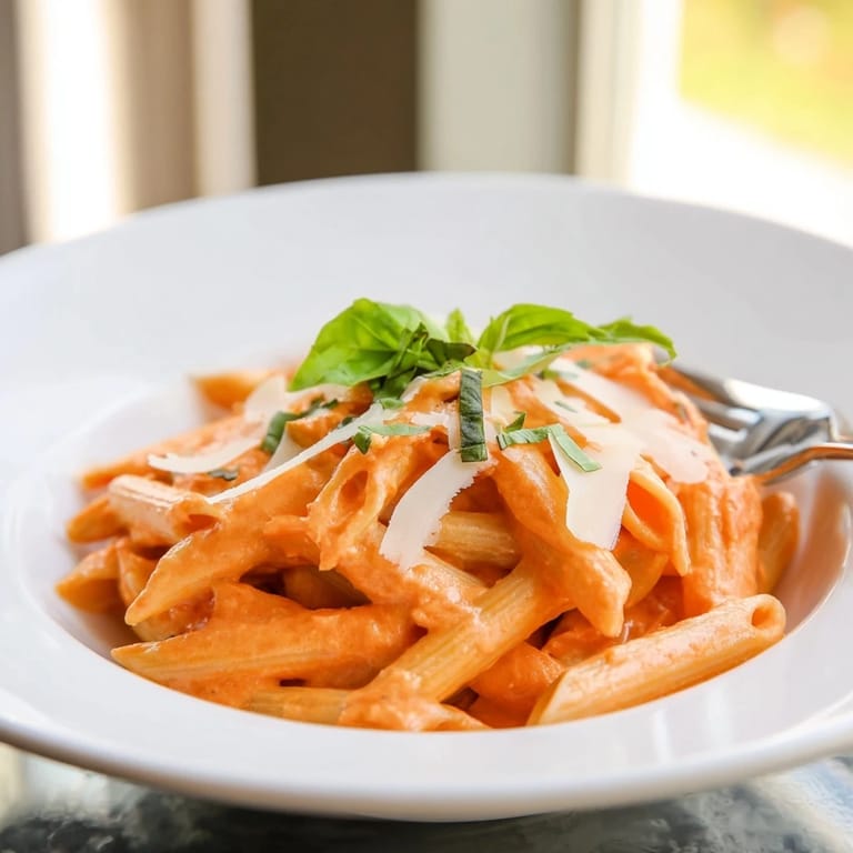 A rustic skillet of Creamy Roasted Red Pepper Pasta topped with fresh parsley, ready to serve alongside a glass of white wine.