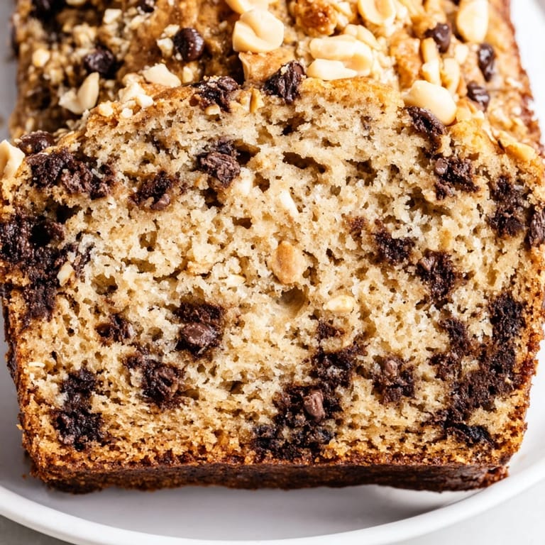 A loaf pan filled with warm Chocolate Chip Peanut Butter Oatmeal Banana bread, featuring a cracked top and gooey chocolate chips, ready for breakfast or snacking.