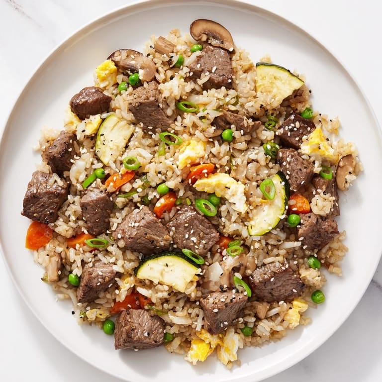 Serving suggestion for Easy Hibachi Steak with fried rice, plated with extra green onions, perfect for a quick and savory weeknight dinner.