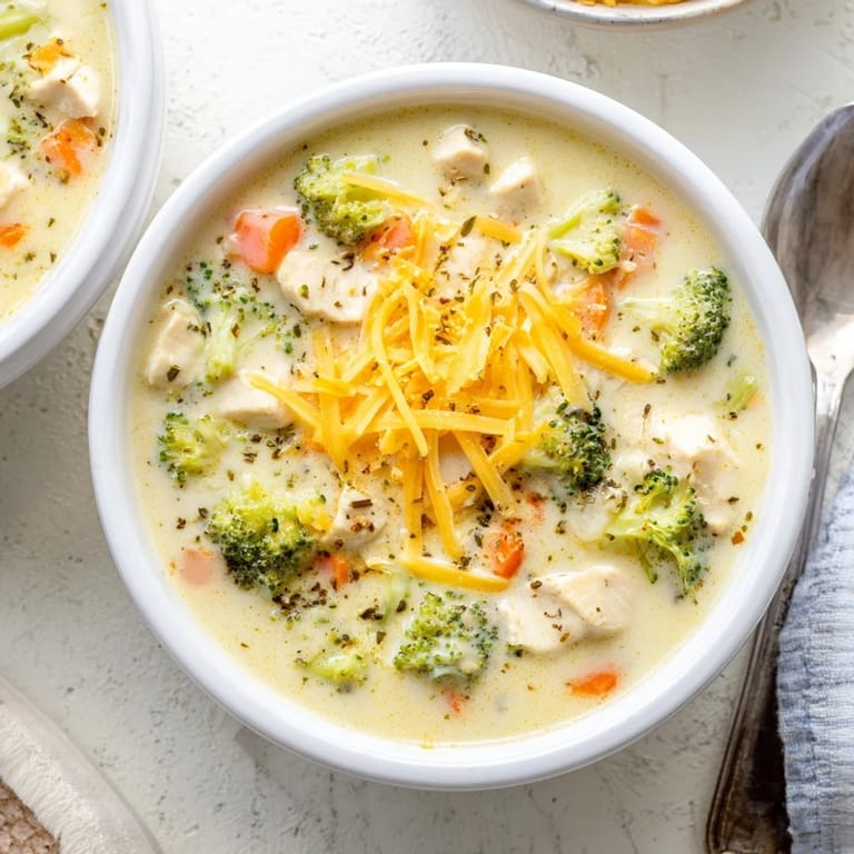 Creamy homemade Chicken Broccoli Cheddar Soup in a white bowl, showing rich texture with broccoli and diced chicken, perfect for a cold day.
