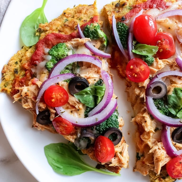 Broccoli Chicken Crust Pizza on a rustic wooden table, garnished with chili flakes and basil, perfect for a gluten-free family dinner.