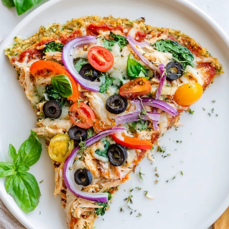 A close-up of a delicious slice of Broccoli Chicken Crust Pizza, showcasing the veggie-packed base and cherry tomatoes for a healthy, low-carb meal.