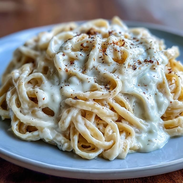 A rustic kitchen table scene featuring Easy Creamy Cauliflower Alfredo served with garlic bread and a simple green salad.