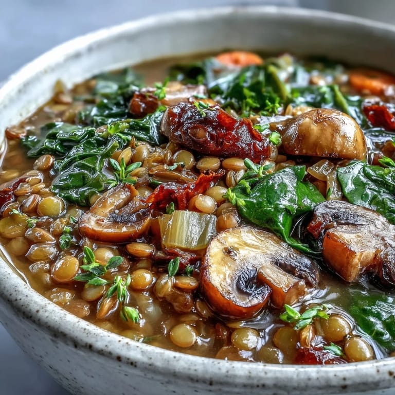 Hearty Double Lentil and Mushroom Barley Soup served hot in a white bowl, garnished with fresh parsley alongside crusty artisan bread for dipping.