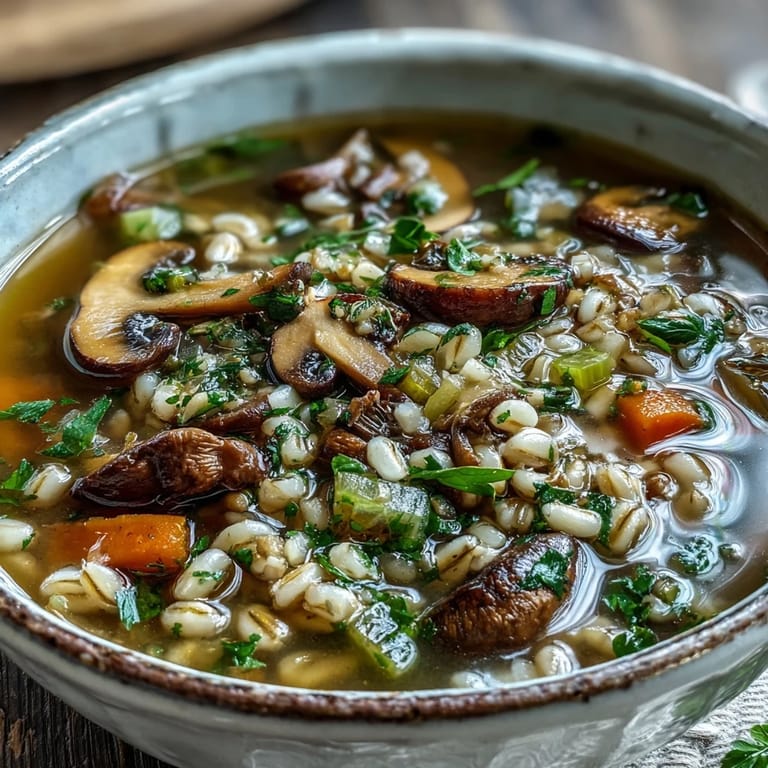 A warm bowl of Mushroom Barley Soup next to crusty rye bread, ready for dipping on a cozy table.