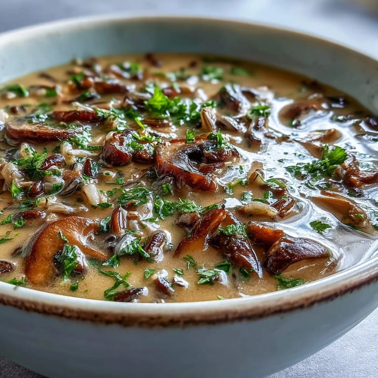 Warm, creamy Wild Rice Mushroom Soup topped with fresh herbs, perfect for a cozy vegetarian dinner with a slice of bread.