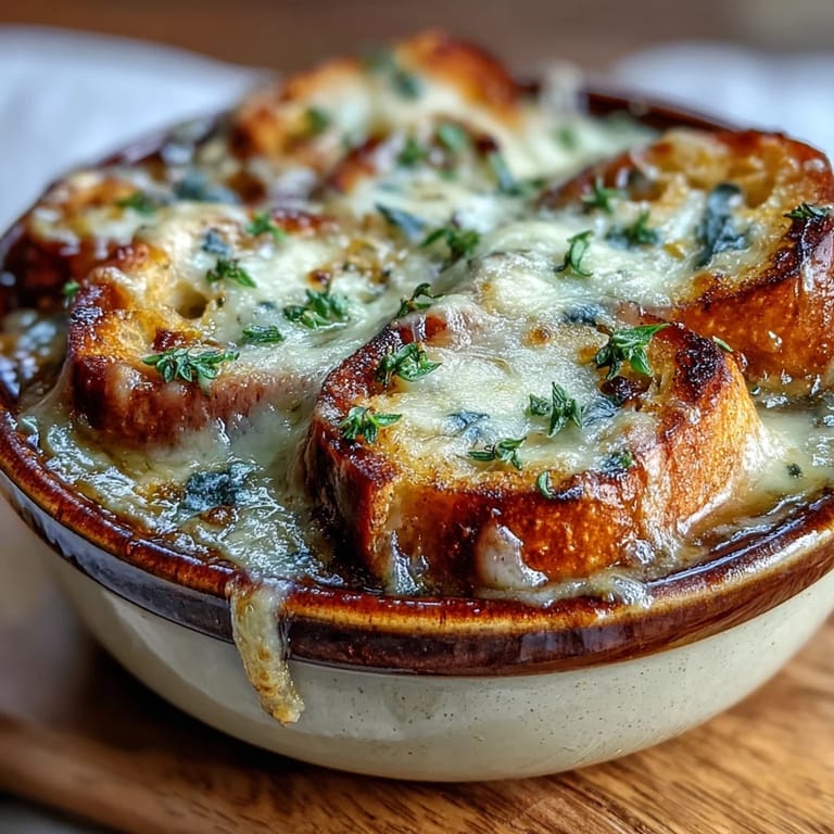 French Onion Soup served in an oven-safe crock, bubbling with melted Gruyère and thyme, ready to be enjoyed.