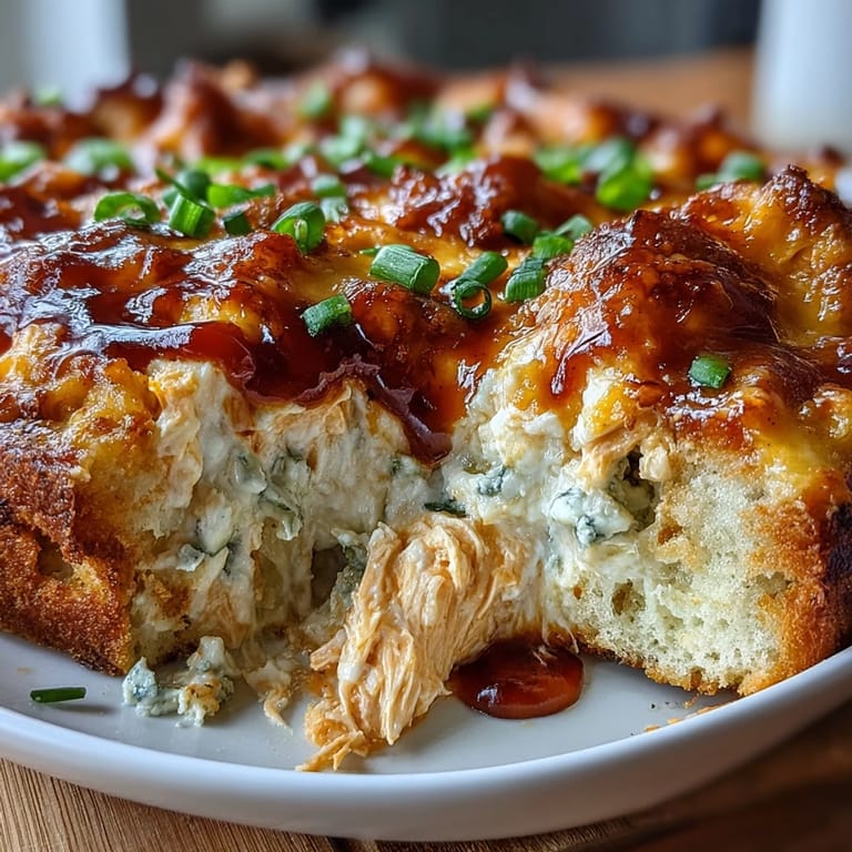 Buffalo Chicken Dip in a white baking dish, garnished with green onions and served with crackers.