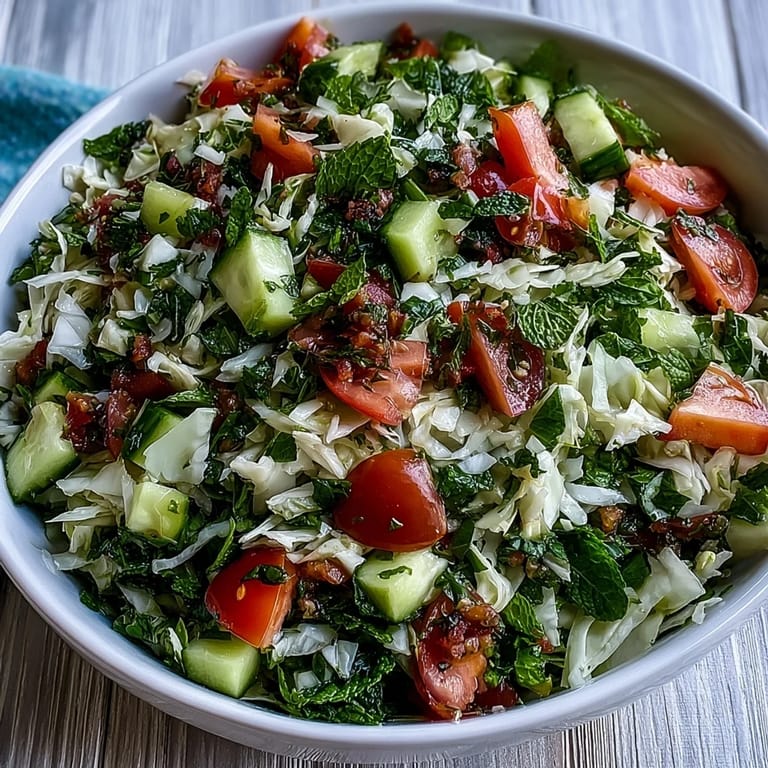 Crisp shredded cabbage and fresh herbs in Lebanese Cabbage Salad, drizzled with zesty lemon dressing and ready to serve with grilled falafel.