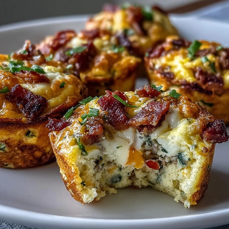 Freshly baked gluten-free Breakfast Egg Muffins stuffed with cheese and bacon, resting on a wooden board next to a jar of salsa for dipping.