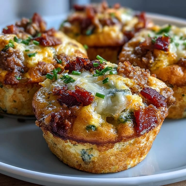 A close-up view of fluffy Breakfast Egg Muffins filled with colorful bell peppers and onions, served warm on a white plate for a healthy meal prep option.