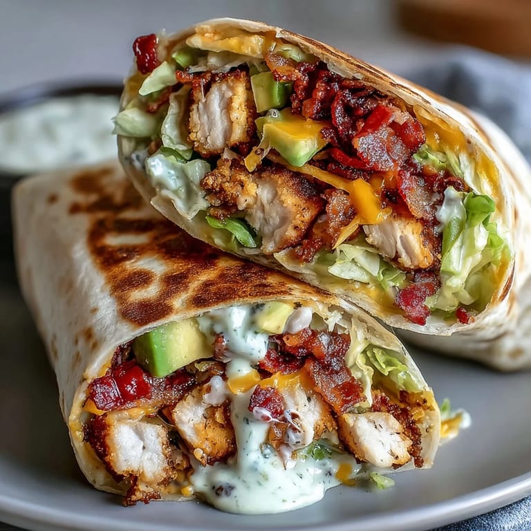 A handheld Crispy Chicken Bacon Wrap on a rustic board, stuffed with fresh lettuce, diced tomato, and drizzled with creamy tangy sauce.