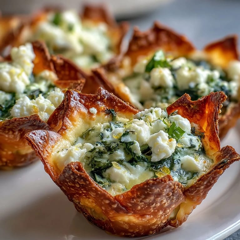 Close-up of Mediterranean Spinach and Feta Cheese Crisps revealing creamy feta filling, wilted greens, and aromatic herbs on a wooden board.