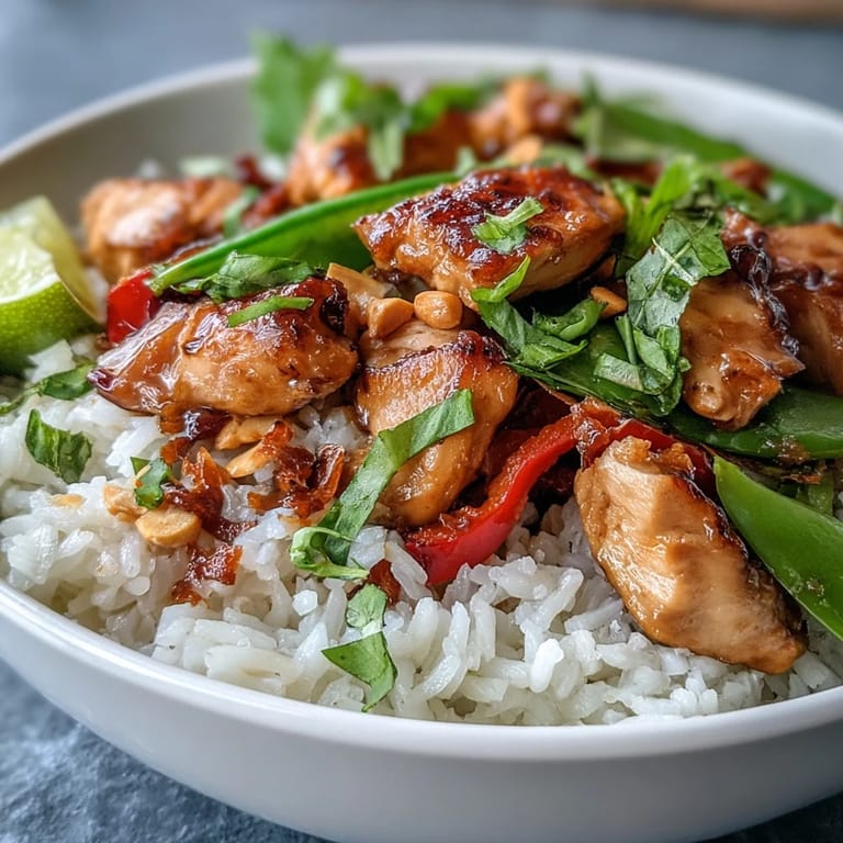Thai Chicken Coconut Bowl garnished with peanuts and lime wedges, showcasing colorful vegetables and aromatic herbs.  