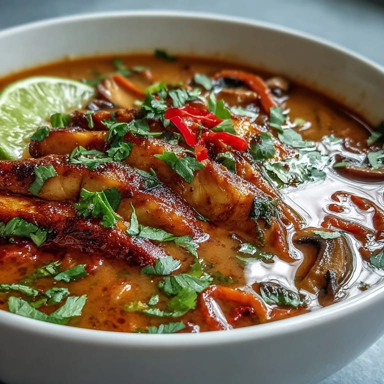 A spoon lifting Thai Coconut Curry Soup Bowl reveals tender chicken and mushrooms, with lime wedges and jasmine rice on the side for dipping.