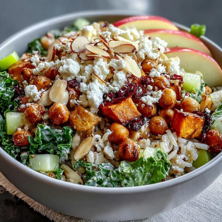 Vibrant vegetarian Fall Harvest Bowl featuring crispy chickpeas, celery, and creamy feta, perfect for a wholesome autumn meal.