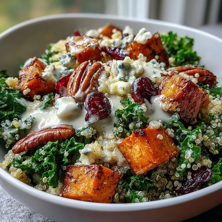 Serving of Harvest Kale Quinoa Bowl featuring fluffy quinoa, massaged kale, dried cranberries, and a drizzle of lemon tahini dressing.  