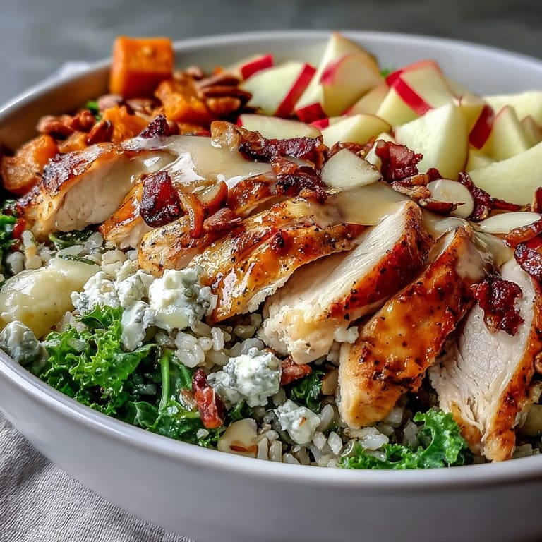 Sliced roasted chicken and tender sweet potatoes rest on a bed of wild rice and kale in a rustic Harvest Bowl, topped with almonds and crumbled goat cheese.
