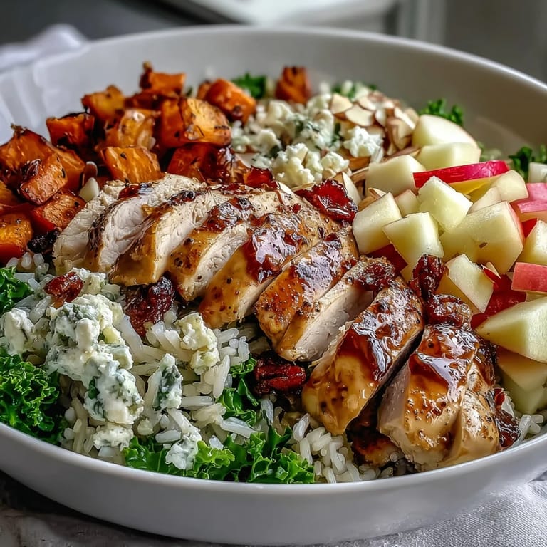 Freshly prepared Harvest Bowl featuring nutty wild rice, diced roasted sweet potatoes, crisp apple chunks, and sliced almonds, finished with a drizzle of rich balsamic dressing.