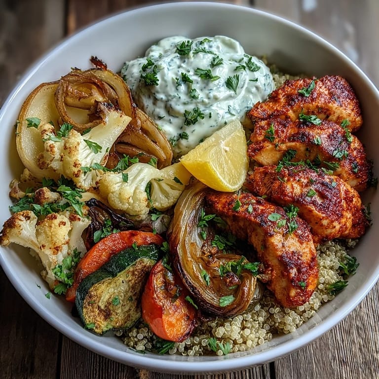 Juicy paprika herb chicken rests on a vibrant Paprika Herb Chicken Roasted Vegetable Quinoa Bowl with roasted zucchini and bell peppers.  