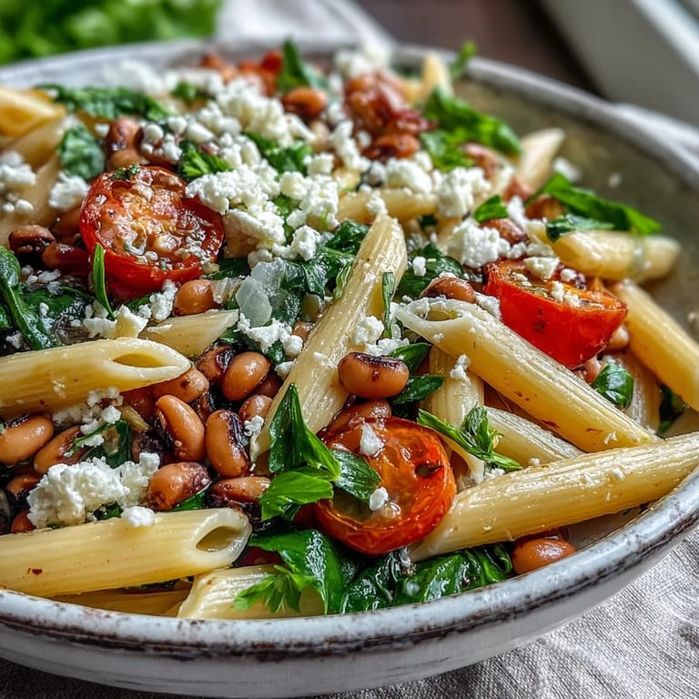 Close-up of Black-Eyed Pea Pasta with fresh herbs, lemon zest, and a colorful, wholesome grain bowl presentation.
