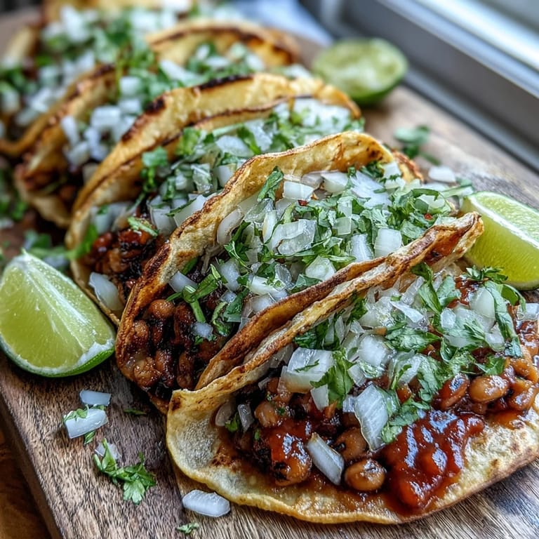Colorful Black-Eyed Pea Tacos on a plate with lime wedges, cilantro, and onion, ready for a weeknight dinner.