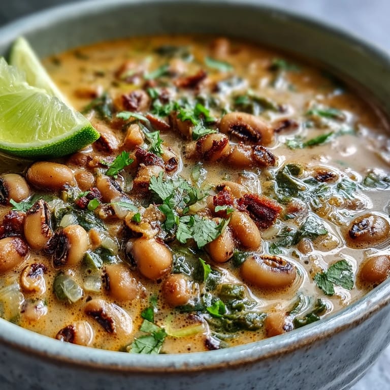 A vibrant spoonful of Black-Eyed Pea Curry revealing tender black-eyed peas and green peas in a rich, spiced tomato and coconut milk sauce.