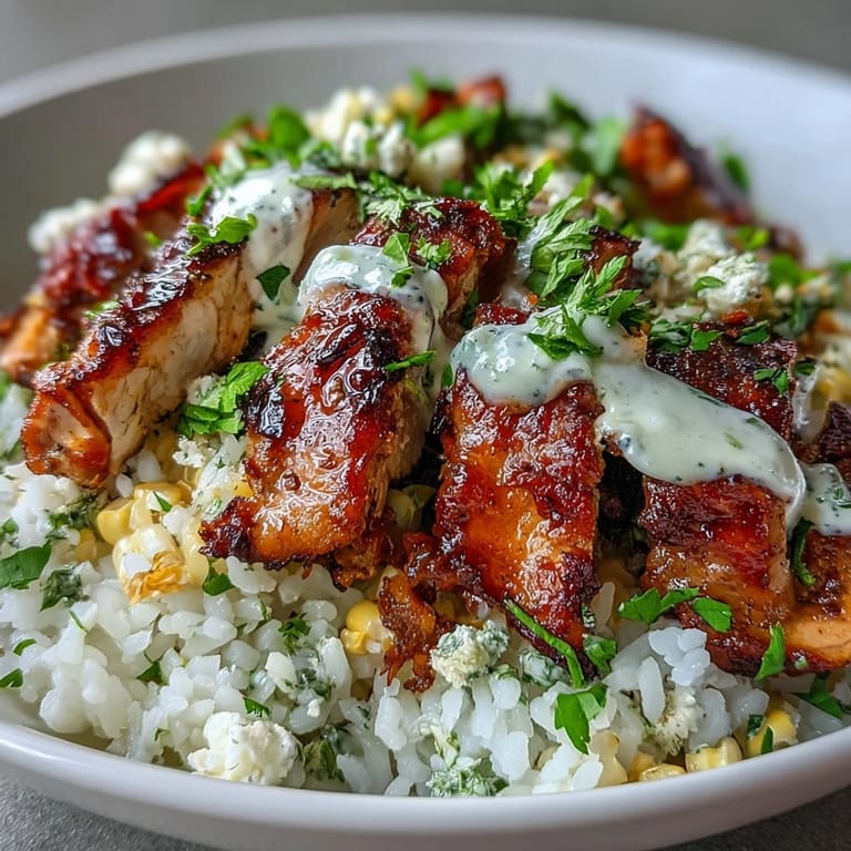 A generous drizzle of creamy tajín-lime sauce blankets the Street Corn Chicken Rice Bowl garnished with fresh cilantro.