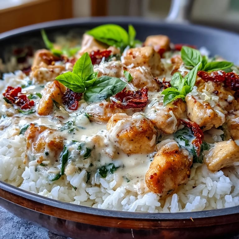 A close-up of Creamy Tuscan Chicken Rice Skillet, featuring fluffy rice, tender chicken, and melted Parmesan garnished with fresh basil leaves.