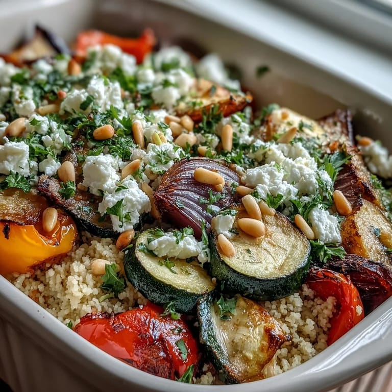 A close-up of the Roasted Veggie & Feta Couscous Bake shows caramelized vegetables and melted cheese bubbling from the oven.  