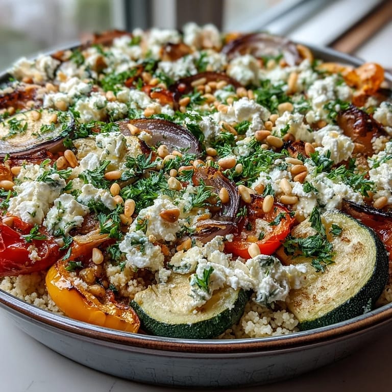 The Roasted Veggie & Feta Couscous Bake is plated with fresh parsley and pine nuts for a vibrant, vegetarian side dish.