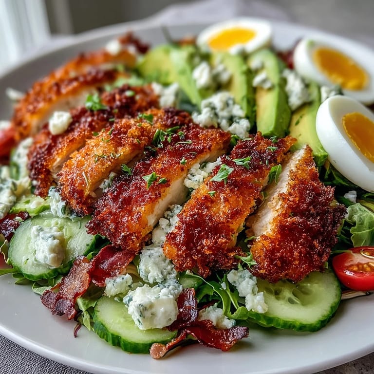 Ready-to-serve Parmesan Crusted Chicken Cobb Salad drizzled with tangy dressing, featuring avocado slices and crunchy bacon over fresh greens.